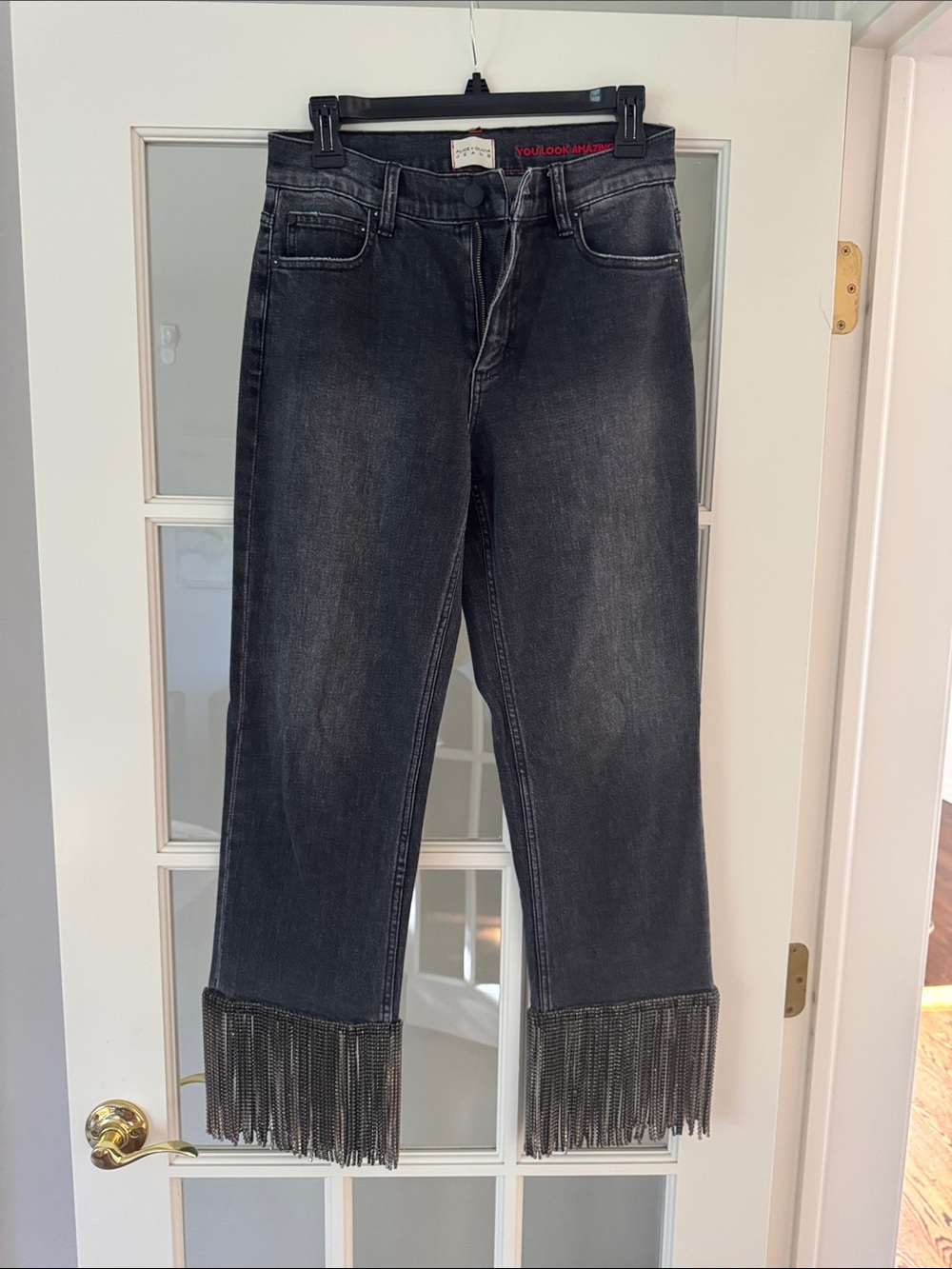 AMAZING CRYSTAL FRINGE HEM JEAN